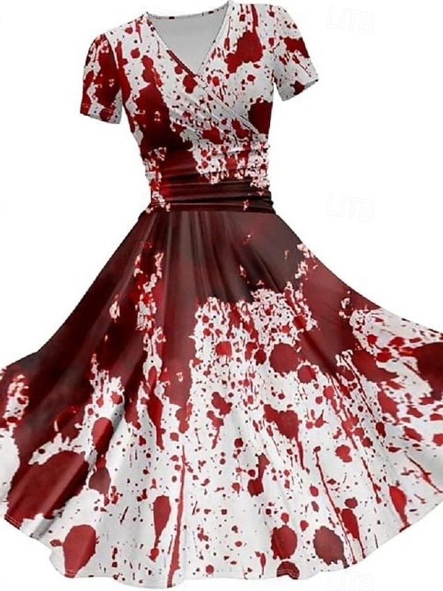 Halloween Women's Bloodstain Print Midi Dress A Line Dress Dress Fit And Flare Dress Party Casual Daily Holiday Regular Fit Graphic Abstract Short Sleeve V Neck Deep Green White Wine Red Fall - White