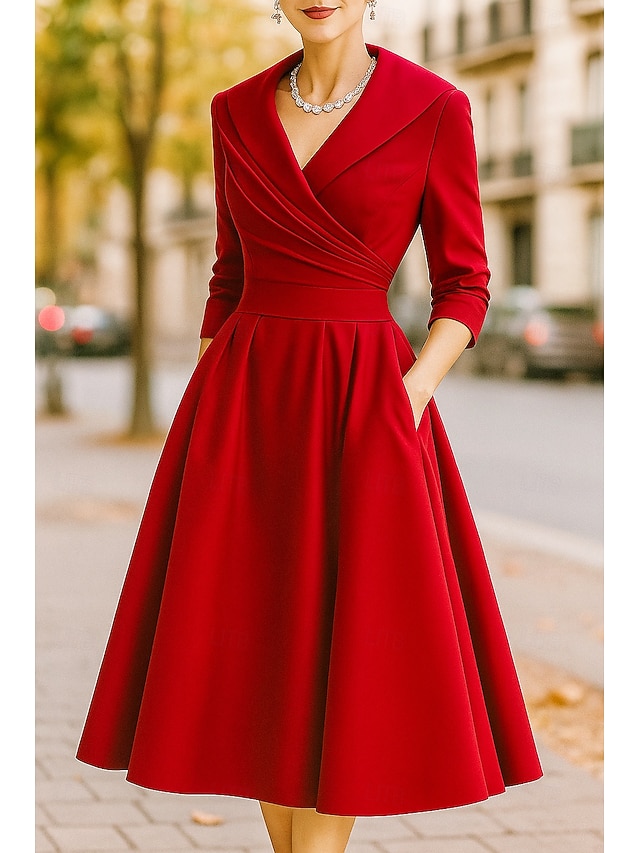 A-Line Tea Length Party Dress Cocktail Dress Wedding Guest Dress Mother of the Bride Dress 3/4 Length Sleeve Shirt Collar Elegant Vintage Formal Satin with Ruching Solid Color - Red
