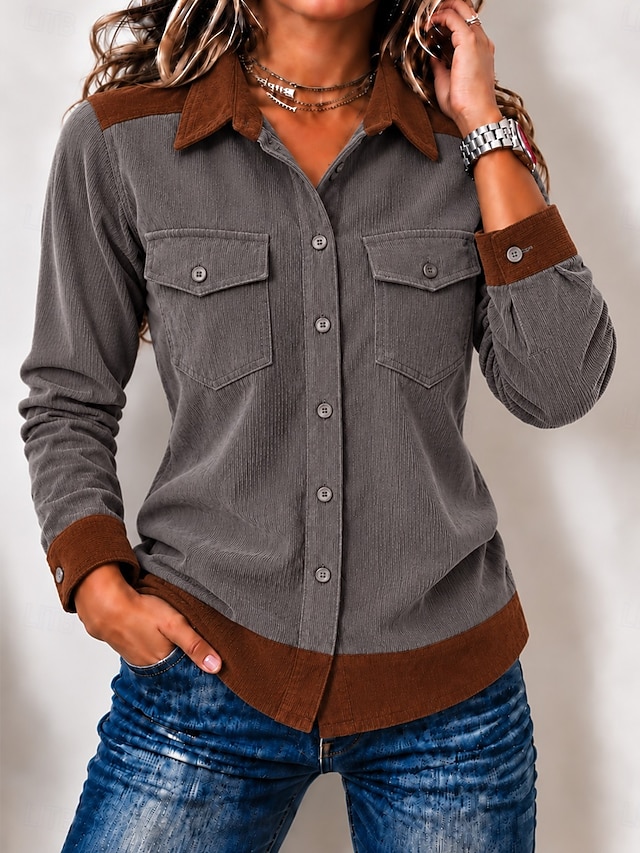 Women's 100% Cotton Corduroy Shirt Color Block Plain Vintage Fashion Stylish Long Sleeve Regular Tops Casual Beach Red Green Grey Spring Fall Winter - Grey
