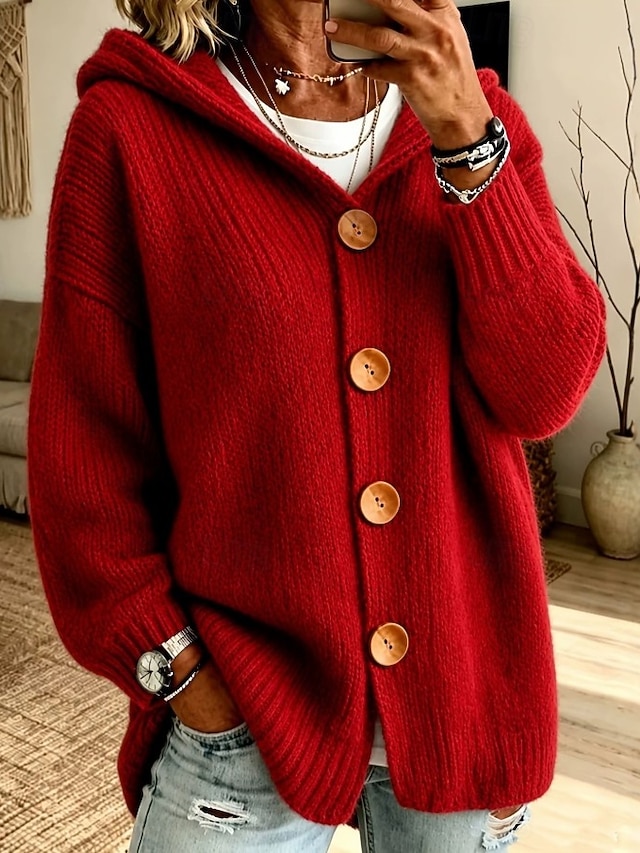 Women's Cardigan Sweater Elegant Vintage Fashion Solid Color Hooded Buttons Long Sleeve Long Tops Knit Daily Home Holiday Khaki Black Spring Fall - Red