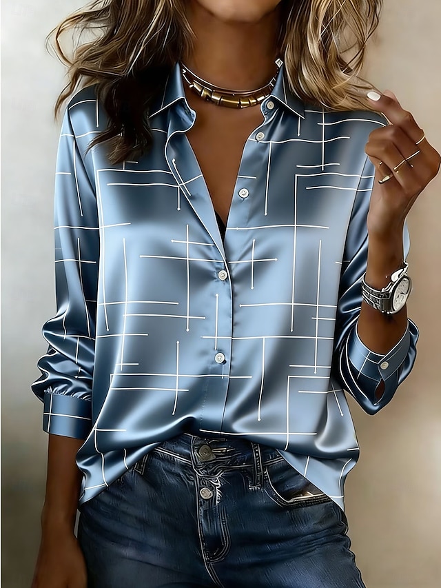 Women's Satin Shirt Satin Top Print Geometric Vacation Fashion Daily Long Sleeve Shirt Collar Regular Tops Daily Holiday Going out Blue Silver Pink Summer Spring Fall - Blue