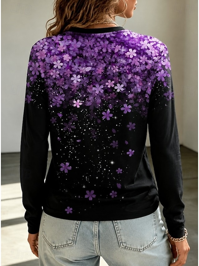 Women's T Shirt Print Floral Graphic Fashion Stylish Classic Long Sleeve Crew Neck Regular Tops Casual Daily Weekend White Black Yellow Red Green Summer Spring Fall - Yellow