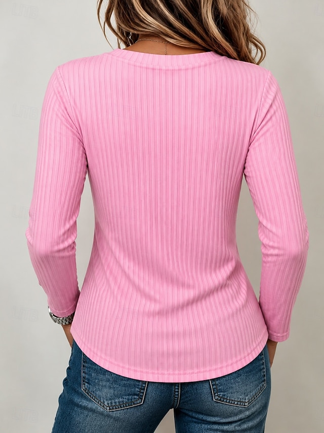 Women's T Shirt Solid Color Bohemia Vintage Stylish Long Sleeve V Neck Regular Tops Casual Daily Weekend Black Pink Purple Gray Spring Fall - Pink