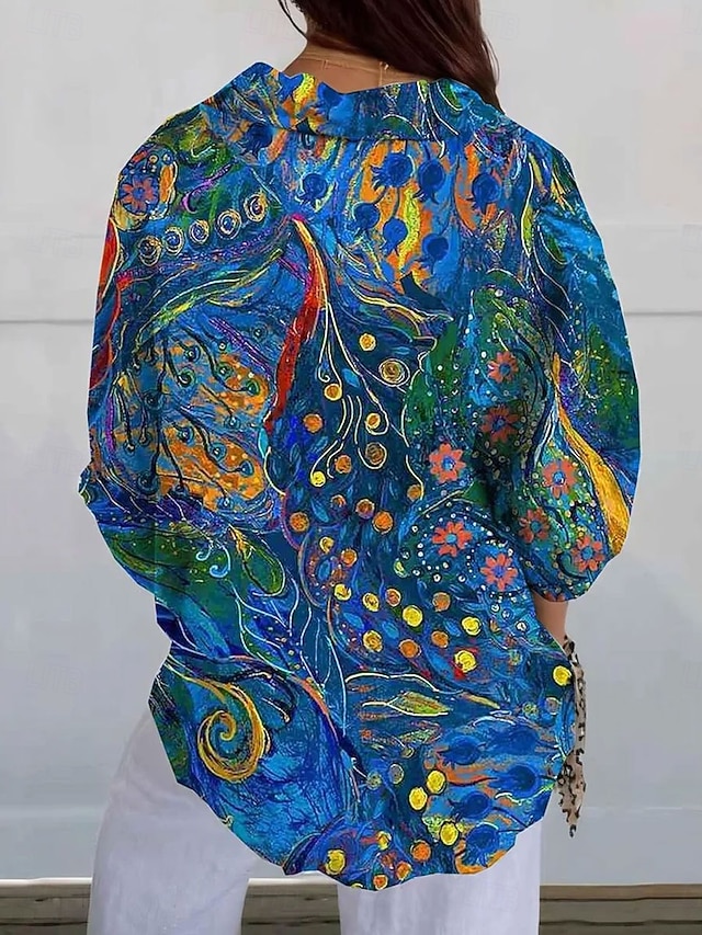 Women's Shirt Linen Like Breathable Lightweight Button Down Tunic Shirt Collar Long Sleeve Floral Casual Regular Tops Work Daily s Print White Yellow Pink Red Blue Spring Fall Winter - Blue