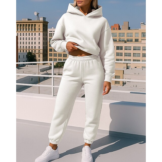 Women's 2 Piece Tracksuit Lounge Hoodie Sweatsuit Sets Solid Colored Clothing Suit Fall Black White Workout Outdoor Travel High Waist Lightweight Fashion Long Sleeve Sport Activewear Micro-elastic - White