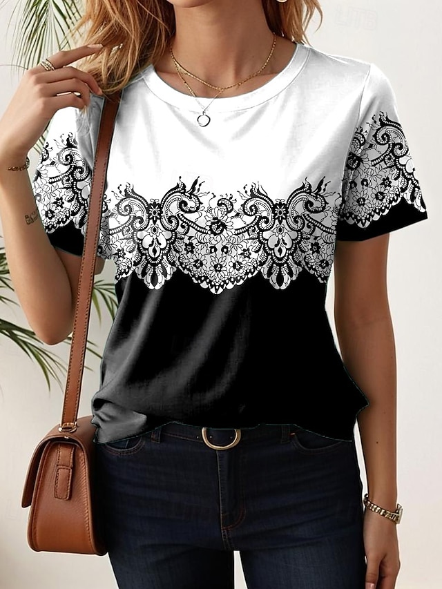 Women's T Shirt Print Floral Casual Short Sleeve Round Neck Regular Tops Daily Blue Black White Light Green Purple Summer - Black