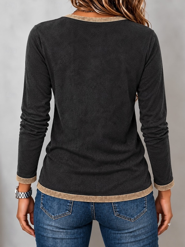 Women's Washed Cotton 100% Cotton Graphic Plain Vintage Fashion Stylish Long Sleeve Crew Neck Regular Tops Casual Blue Khaki Black Spring Fall Winter - Black