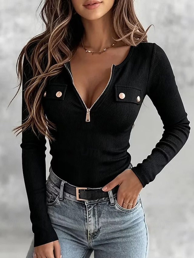 Women's T Shirt Waffle Knit Tops Solid Color Bohemia Vintage Stylish Long Sleeve Henley Regular Tops Casual Daily Weekend Blue White Khaki Black Green Summer Spring Fall Winter - Black