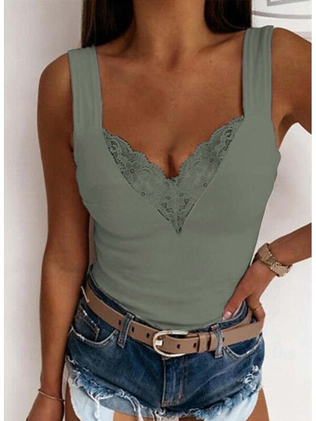 Women's Camisole Tank Top Going Out Tops Camis Concert Tops Black White Blue Plain Patchwork Lace Trims Sleeveless Party Daily Basic Sexy Sweetheart Regular S - Wine