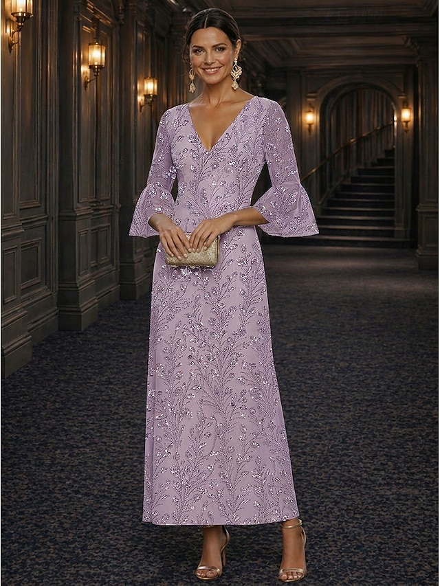 A-Line Dress Floor Length Ankle Length Cocktail Dress Mother of the Bride Dress Long Sleeve V Neck Elegant Luxurious Sparkle & Shine Formal Wedding Guest Semi Formal Lace with Beading Sequin - Lavender