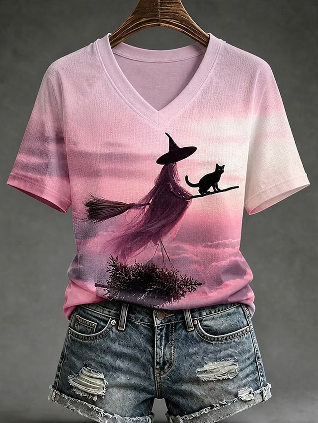 Halloween Women's T Shirt Print Graphic Abstract Witch Vintage Stylish Classic Short Sleeve V Neck Regular Tops Casual Daily Weekend Ash Black Pink Green Summer Spring Fall Winter - Pink
