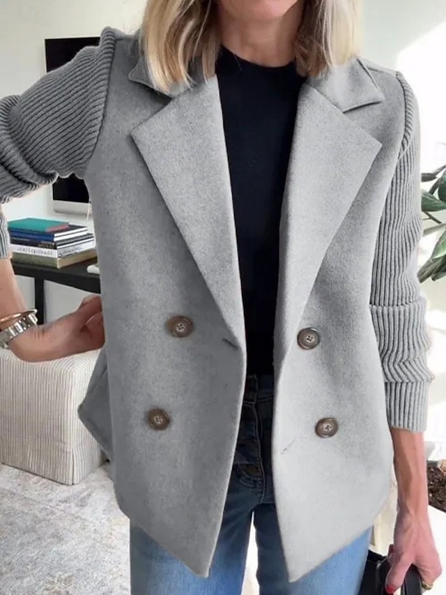 Women's Peacoat Comfortable Buttons OL Style Plain Casual Work Vacation Street Regular Notch Lapel Long Sleeve Outerwear Black Pink Brown Fall Winter - Gray