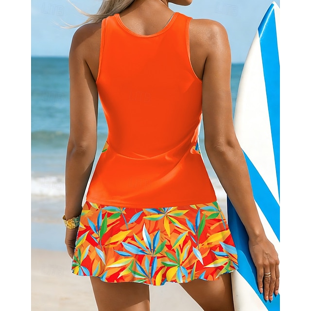Women's Floral Print Swimsuit Tankini 2 Pieces Printed Elastic Sleeveless Swimwear Surfing Snorkeling Swimming Summer - Orange
