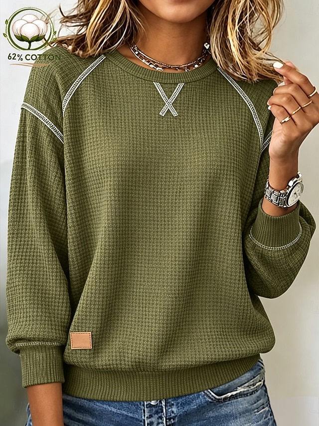 Women's Waffle Hoodies Pullover Warm Vintage Fashion Long Sleeve Crew Neck Regular Tops Black Spring Fall Winter - Black