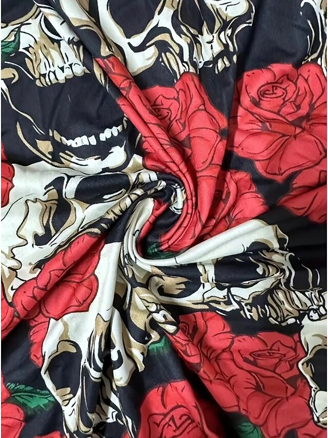 Halloween Women's Giant Skull 3D Bone Cage Print Kimono Cardigan Lightweight Collarless Open Front 3/4 Sleeve Long Cover Up White Gray - Red