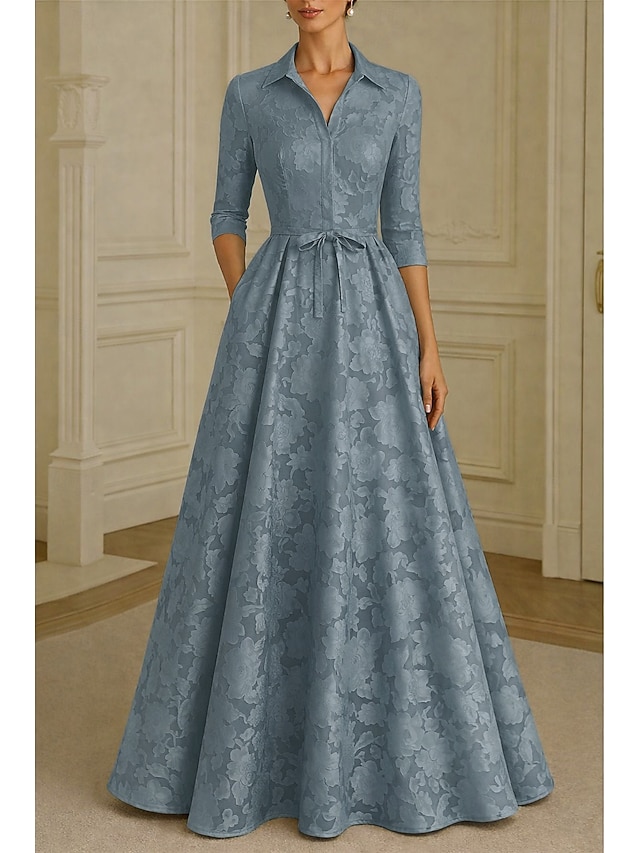 A-Line Floor Length Shirt Dress Formal Dresses Evening Gown Mother of the Bride Dress Long Sleeve Shirt Collar Elegant Vintage Formal Satin Jacquard with Bow(s) Flower - Slate Blue