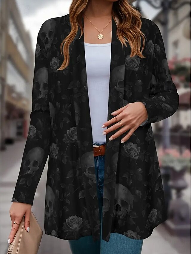 Halloween Women's Giant Skull 3D Bone Cage Print Kimono Cardigan Lightweight Collarless Open Front 3/4 Sleeve Long Cover Up White Gray - Gray