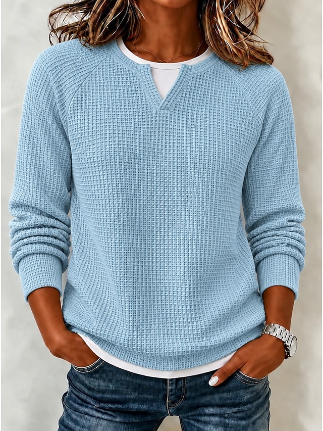 Women's Waffle Polo Shirts Solid Color Bohemia Active Vacation Long Sleeve Crew Neck High Neck Regular Tops Casual Daily Holiday Blue Yellow Red Light Purple Spring Fall Winter - Blue