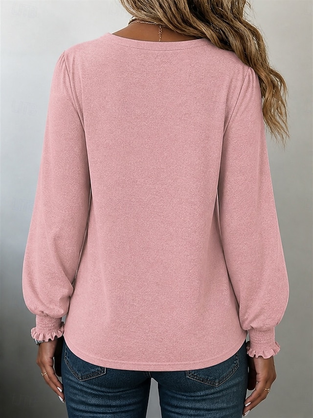 Women's T Shirt Tee Top Basic Classic Trendy Long Sleeve V Neck Regular Tops Casual Daily Blue White Black Pink Purple Spring Fall - Pink