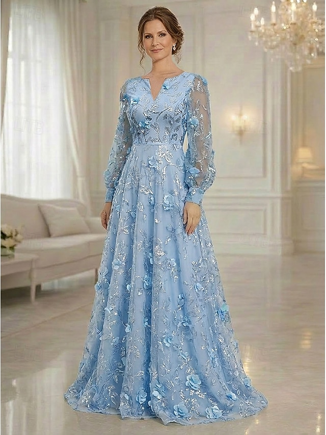A-Line Dress Floor Length Maxi Dress Party Dress Cocktail Dress Mother of the Bride Dress Long Sleeve V Neck Elegant Vintage Luxurious Formal Wedding Guest Semi Formal Lace with 3D Flowers Embroidery - sea blue
