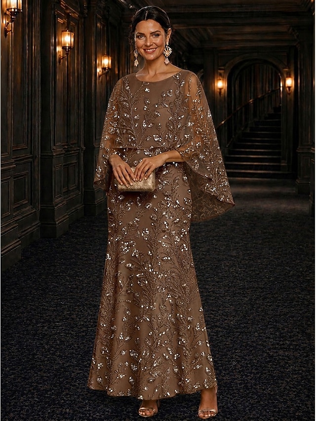 A-Line Dress Floor Length Ankle Length Cocktail Dress Mother of the Bride Dress Long Sleeve Scoop Neck Elegant Luxurious Sparkle & Shine Formal Wedding Guest Semi Formal Lace with Beading Sequin - Brown