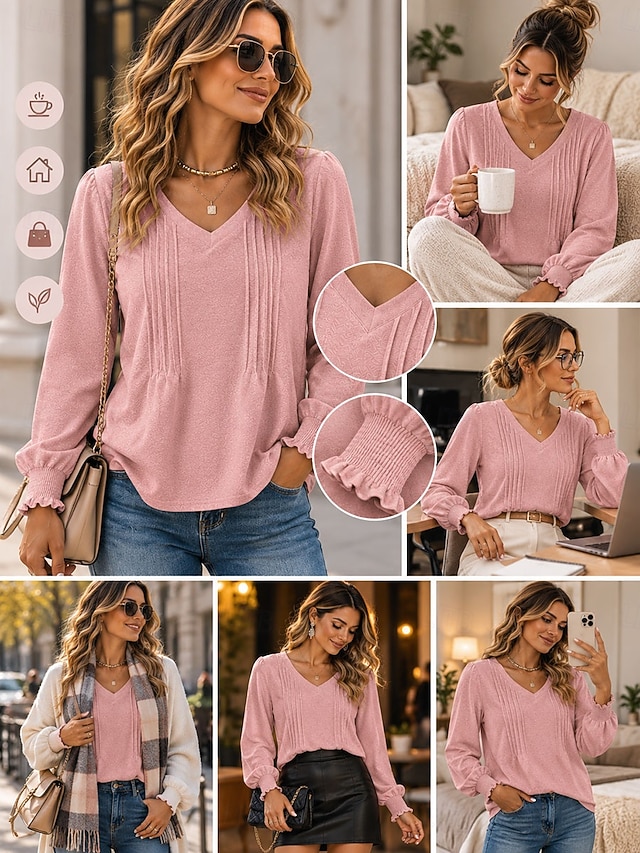 Women's T Shirt Tee Top Basic Classic Trendy Long Sleeve V Neck Regular Tops Casual Daily Blue White Black Pink Purple Spring Fall - Pink
