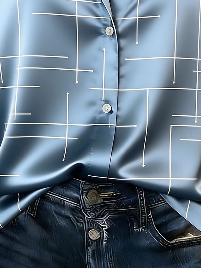 Women's Satin Shirt Satin Top Print Geometric Vacation Fashion Daily Long Sleeve Shirt Collar Regular Tops Daily Holiday Going out Blue Silver Pink Summer Spring Fall - Blue