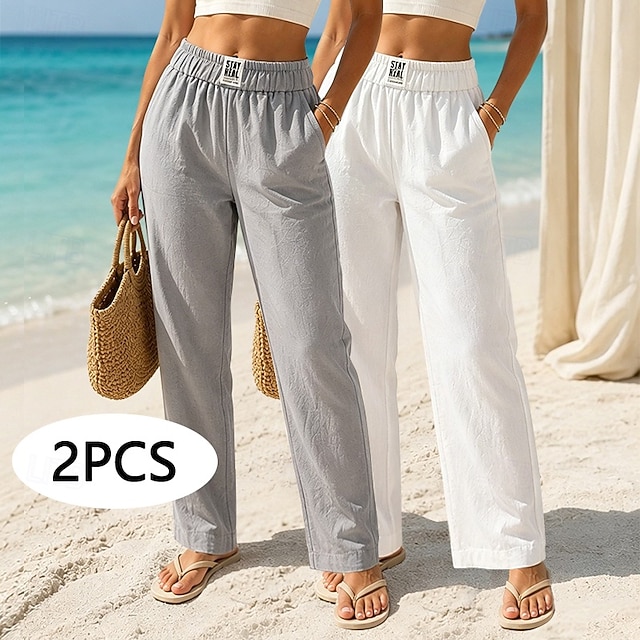 Multi Packs 2pcs Women's Cotton Linen Pants Trousers Casual Pants Summer Pants Vacation Fashion Streetwear Full Length High Waist Plain Pocket Elastic Waist Comfort Breathability Comfortable - White+Gray