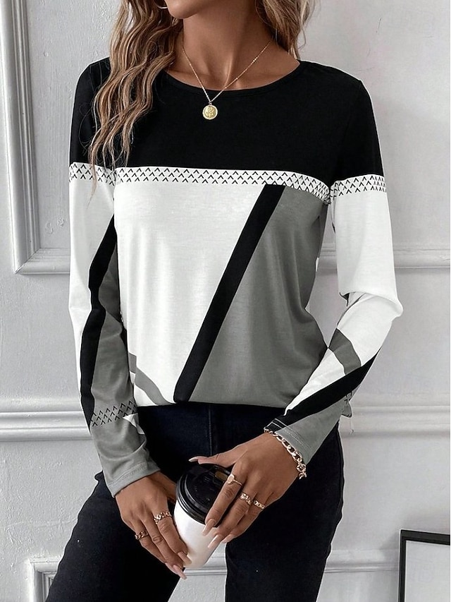 Easter Women's T shirt Long Sleeve Crew Neck Long Sleeve Tunic Graphic Plaid Vintage Stylish Classic Round Neck Regular Tops Daily Print Black Red Blue Purple Brown Fall Prefall - Black