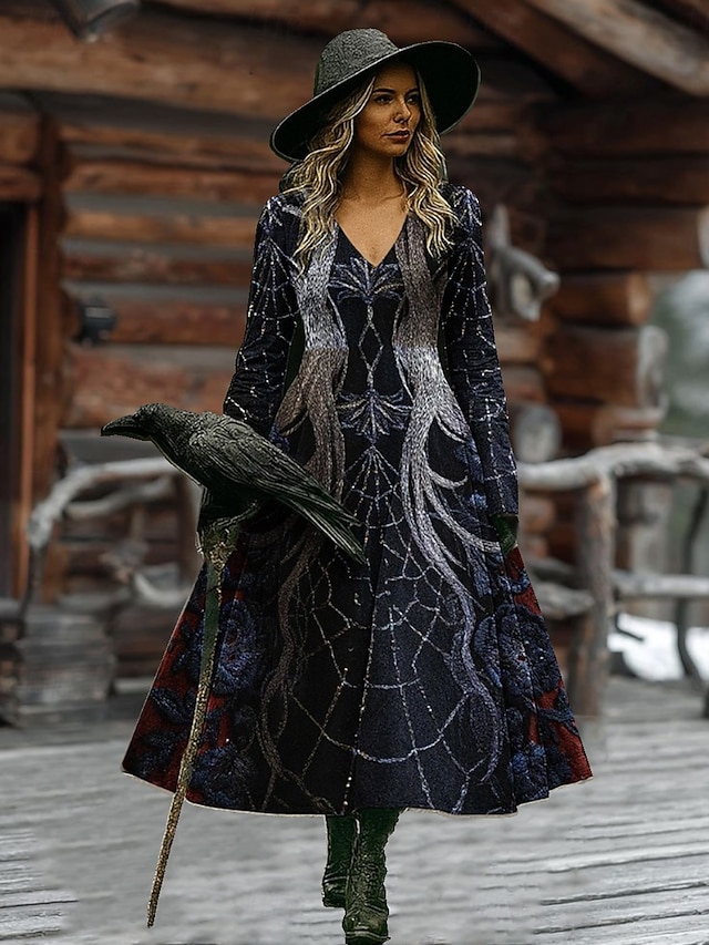 Halloween Women's Spider Web Print Maxi Dress Gothic Baroque Graphic A Line V Neck Long Sleeve Witch Costume Party Dress Black Dark Red - Dark Gray