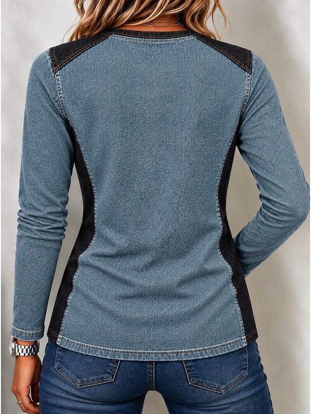 Women's Washed Cotton Denim Shirt Solid Color Color Block Bohemia Active Vacation Long Sleeve Hooded Polo Collar Regular Tops Casual Daily Holiday Blue Khaki Green Summer Spring Fall Winter - Blue