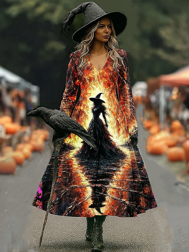 Halloween Women's Witch Hat Magic Fire Print Maxi Dress Hocus Pocus Graphic A Line V Neck Long Sleeve Gothic Costume Party Dress Orange Purple - Brown