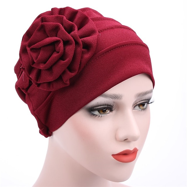 Women's Hats Spring Summer Plain Color Floral Beanie Hat Muslim Stretch Turban Hat Cap Hair Loss Headwear Hijab Cap - Wine Red