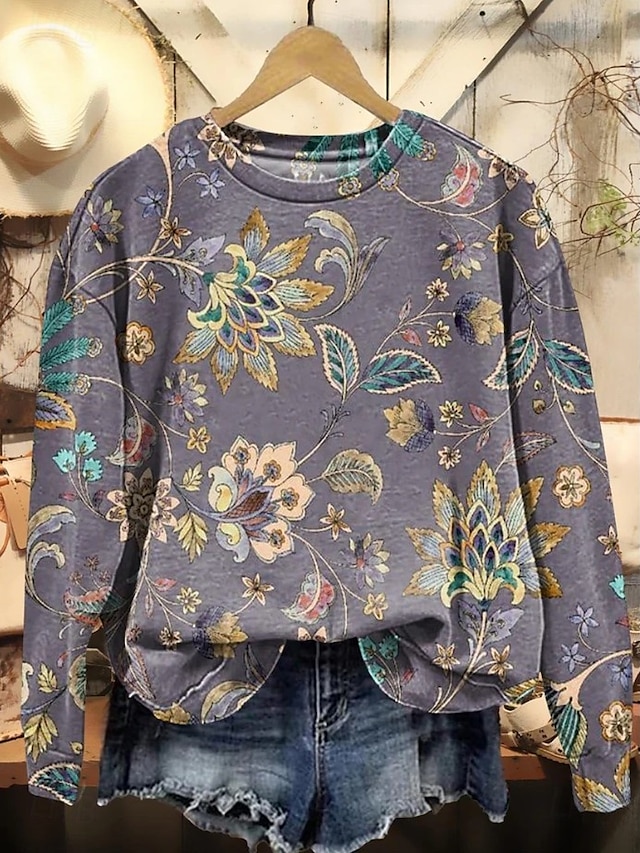 Women's Pullover Sweatshirt Print Floral Graphic Warm Active Vintage Long Sleeve Crew Neck Regular Tops Casual Street Dailywear Blue Black Red Purple Orange Spring Fall Winter - Purple