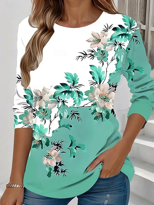 Women's T shirt Long Sleeve Crew Neck Long Sleeve Tunic Floral Graphic Plants Vintage Stylish Classic Round Neck Regular Tops Daily Weekend Print Yellow Light Green Blue Sky Blue Purple Prefall - Light Green