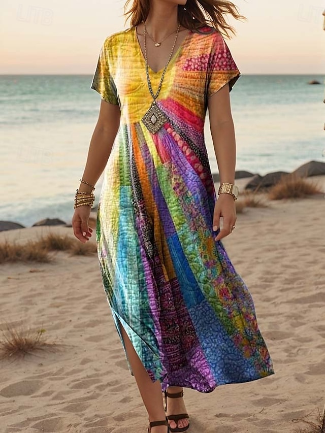 Women's Maxi Dress Casual Dress A Line Dress Stylish Casual Vacation Daily Regular Fit Floral Short Sleeve V Neck White Light Green Blue Green Summer Spring - Rainbow