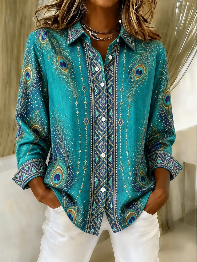 Women's Shirt Buttons Print Graphic Paisley Vintage Stylish Modern Long Sleeve Shirt Collar Regular Tops Casual Daily Blue Black Spring Fall Winter - Blue
