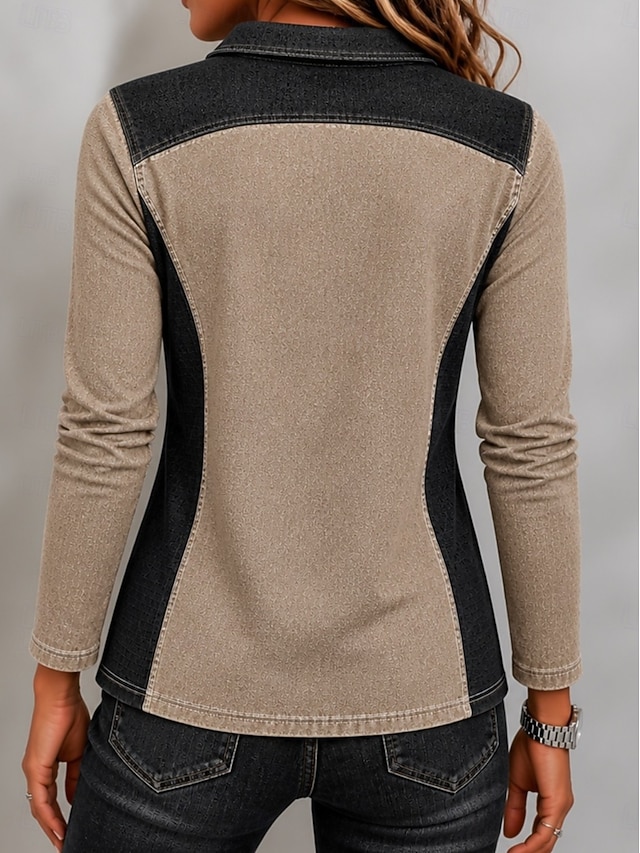 Women's Denim Shirt Hoodies Patchwork Zipper Color Block Plain Vintage Stylish Casual Long Sleeve Long Tops Casual Work Holiday Blue Khaki Green Summer Fall Winter - Khaki