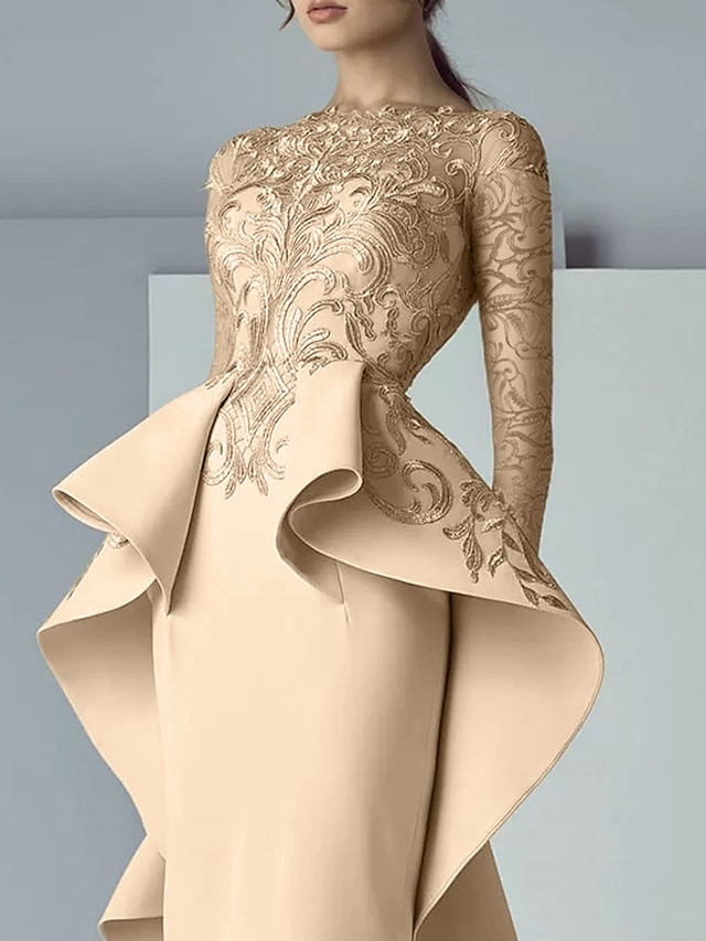 Sheath Column Floor Length Wedding Guest Dress Formal Dresses Evening Gown Mother of the Bride Dress Long Sleeve Scoop Neck Elegant Party Formal Wedding Guest Lace Stretch Fabric with Ruffles - Champagne