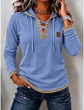 Women's Washed Cotton 100% Cotton Graphic Plain Vintage Fashion Stylish Long Sleeve Crew Neck Regular Tops Casual Blue Khaki Black Spring Fall Winter - Blue