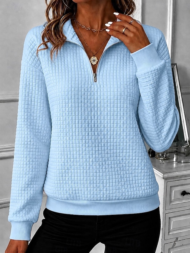 Women's Waffle Hoodies Textured Zip Up Sweatshirts Half Zip Casual Long Sleeve Half Zip Regular Tops Casual Black Yellow Pink Dark Blue Light Blue Summer Spring Fall - Light Blue