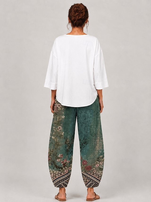 Women's Wide Leg Chinos Baggy Pants Beach Shorts Vacation Vintage Ethnic Style Ankle-Length High Waist Floral Graphic Printing Thermal Warm Soft Breathable Micro-elastic Casual Daily Vacation Ash - Green