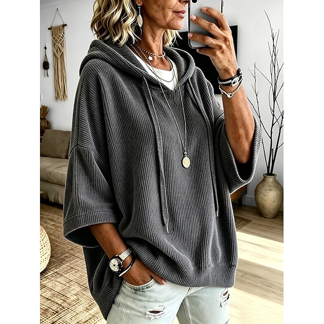Women's Corduroy Tops Textured Warm Vintage Fashion 3/4 Length Sleeve Hooded Long Tops Casual Home Street Ash Light Purple Green Fall Winter - Ash