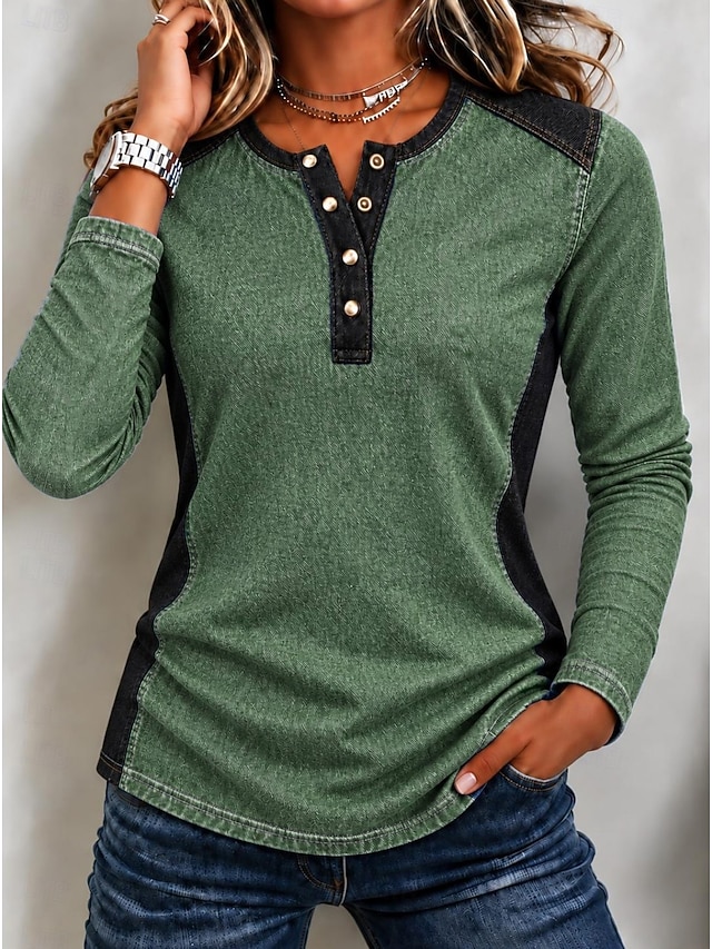 Women's Washed Cotton Denim Shirt Solid Color Color Block Bohemia Active Vacation Long Sleeve Hooded Polo Collar Regular Tops Casual Daily Holiday Blue Khaki Green Summer Spring Fall Winter - Green