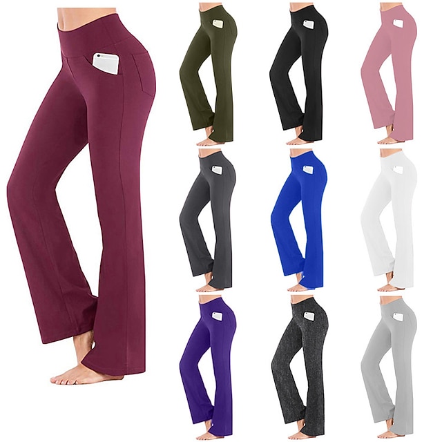 Women's High Waist Yoga Pants Side Pockets Bootcut Leggings Tummy Control 4 Way Stretch Quick Dry Dark Grey Wine Fitness Gym Workout Dance Summer Sports Activewear High Elasticity - Black