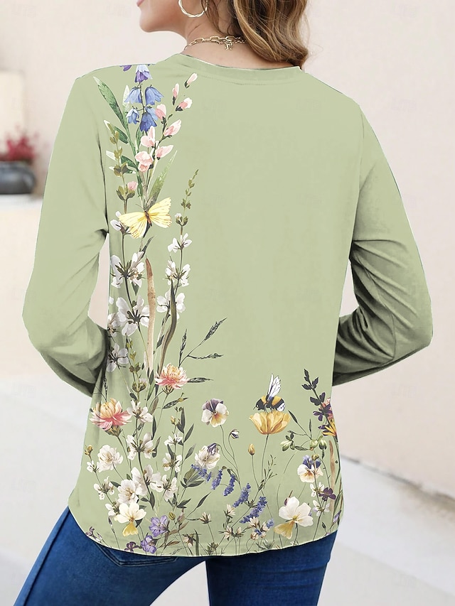Women's T shirt Long Sleeve Crew Neck Long Sleeve Tunic Floral Casual Regular Tops Daily Print Sage Green Pink Blue Sky Blue Purple Spring Fall Prefall - Sage Green