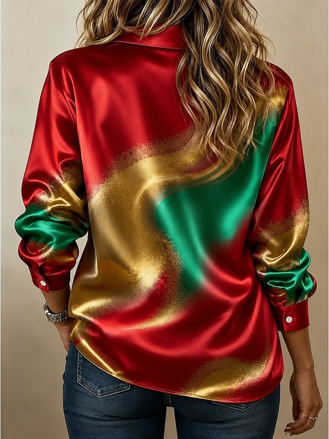 Women's Shirt Buttons Print Graphic Geometric Striped Elegant Daily Stylish Long Sleeve Shirt Collar Regular Tops Casual Daily Work Red Dark Blue Spring Fall - Red