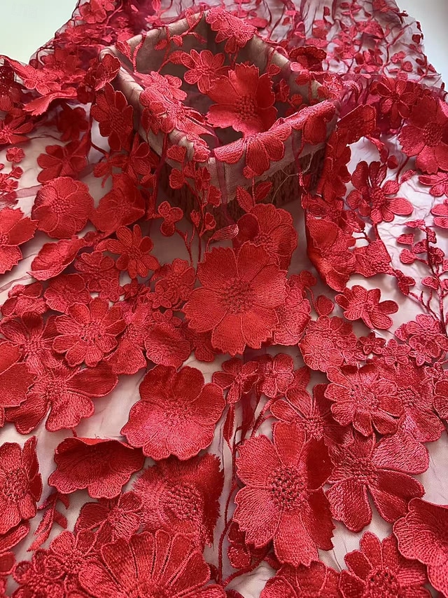 A-Line Floor Length Lace Dress Mother of the Bride Dress Long Sleeve Crew Neck Illusion Neck Elegant Vintage Formal Wedding Guest Wedding Party Chiffon Lace with Floral Print 3D Flowers Embroidery - Red