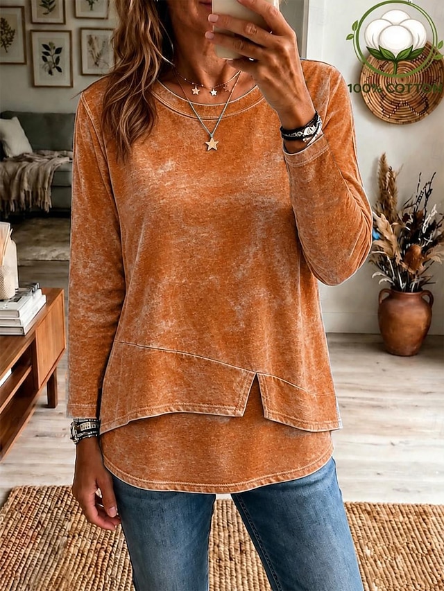 Women's Washed Cotton 100% Cotton Layered Top T Shirt Solid Color Stylish Casual Long Tops Casual Daily Blue Orange Green Summer Spring Fall - Orange