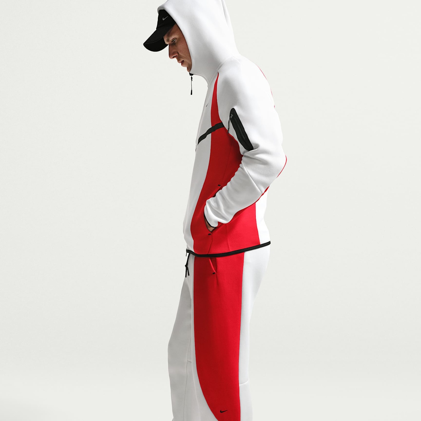 Nike Tech Men's Colour-Block Open-Hem Fleece Trousers – Summit White/University Red/Black